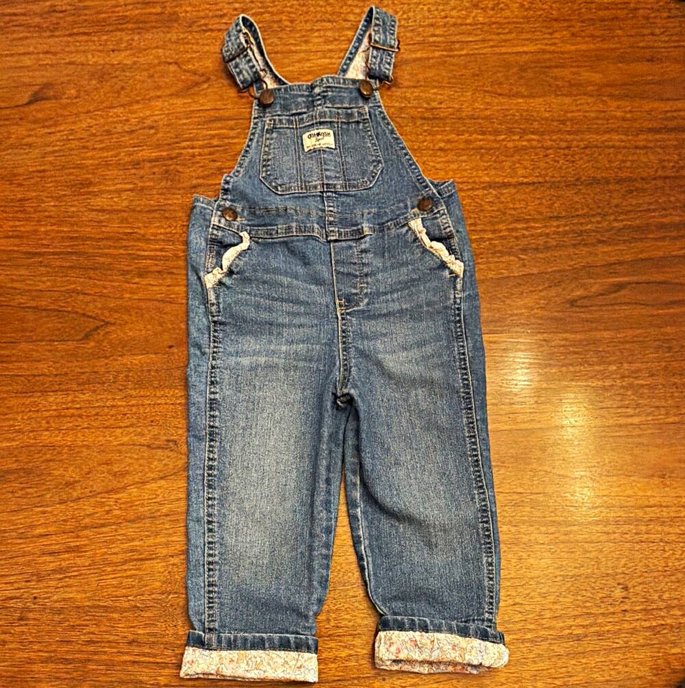 OshKosh B'gosh Blue Denim Bib Overalls 3T One-Piece Adjustable Straps Ruffle